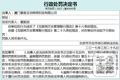 廈門章魚(yú)互動(dòng)因違反《互聯(lián)網(wǎng)文化管理暫行規(guī)定》被處以3000元罰款